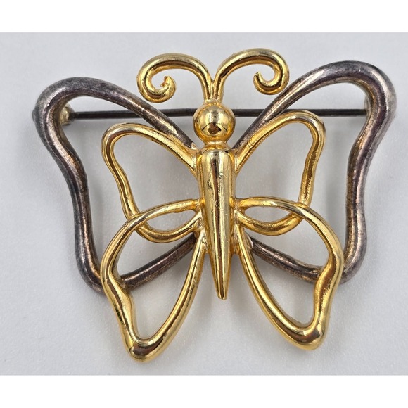 The Unbranded Brand Jewelry - Vintage Two-Tone Butterfly Brooch Gold‎ and Silver Tone Openwork Pin 1.5"